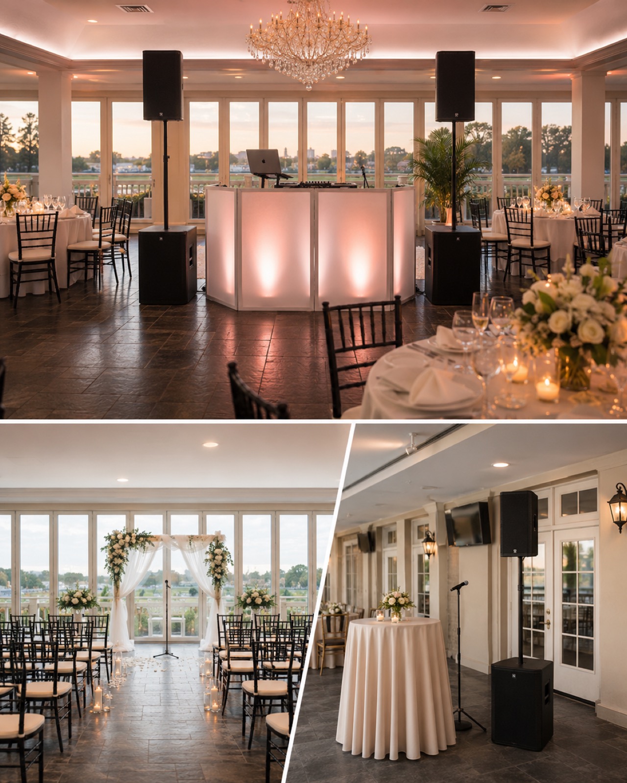 A wedding cocktail and reception space styled with uplighting by REmixed Events